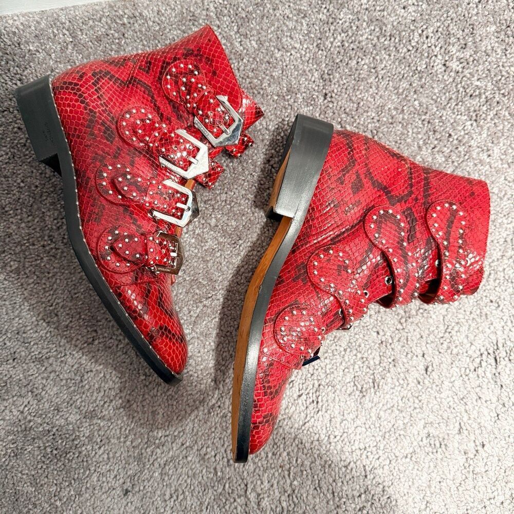 GIVENCHY Calfskin Red Python Embossed Studded Ank… - image 4